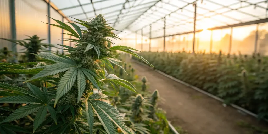 Cannabis plants growing in a greenhouse used for cannabinoid extraction such as hexahydrocannabinol HHC
