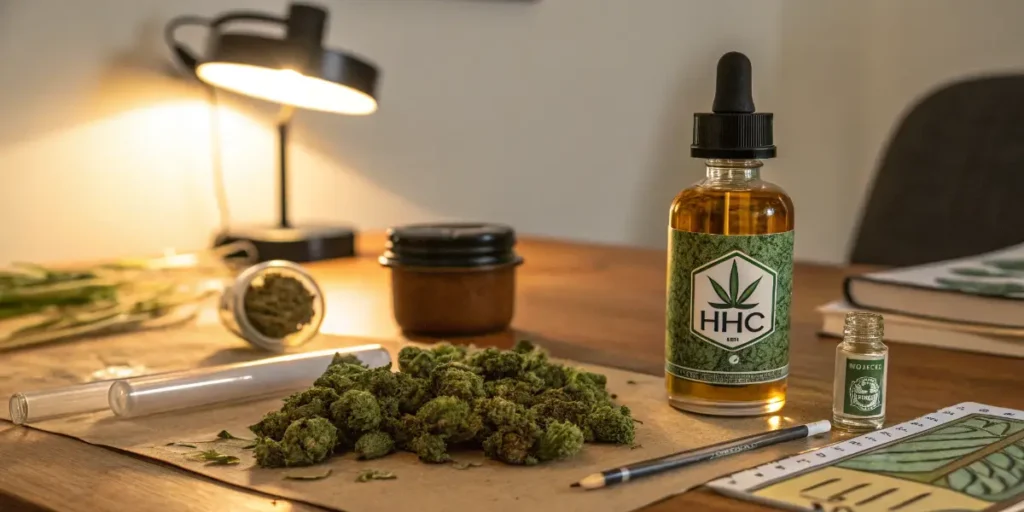 Hexahydrocannabinol HHC oil bottle displayed with cannabis buds on a wooden table