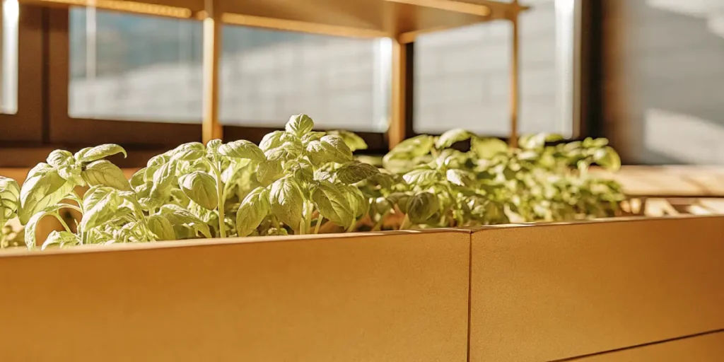 Indoor basil plants in wooden planters with warm sunlight streaming through the window.