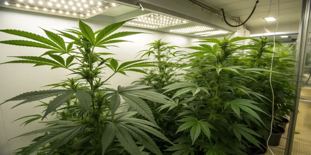 Indoor cannabis bloom room with mature flowering plants under LED lighting.