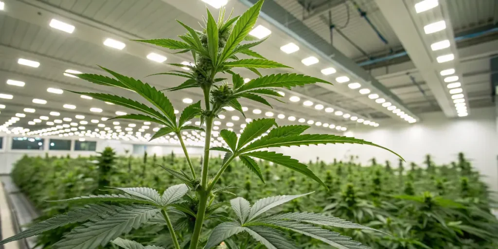 Cannabis cultivation plant growing tall under powerful LED lighting in a large indoor facility.