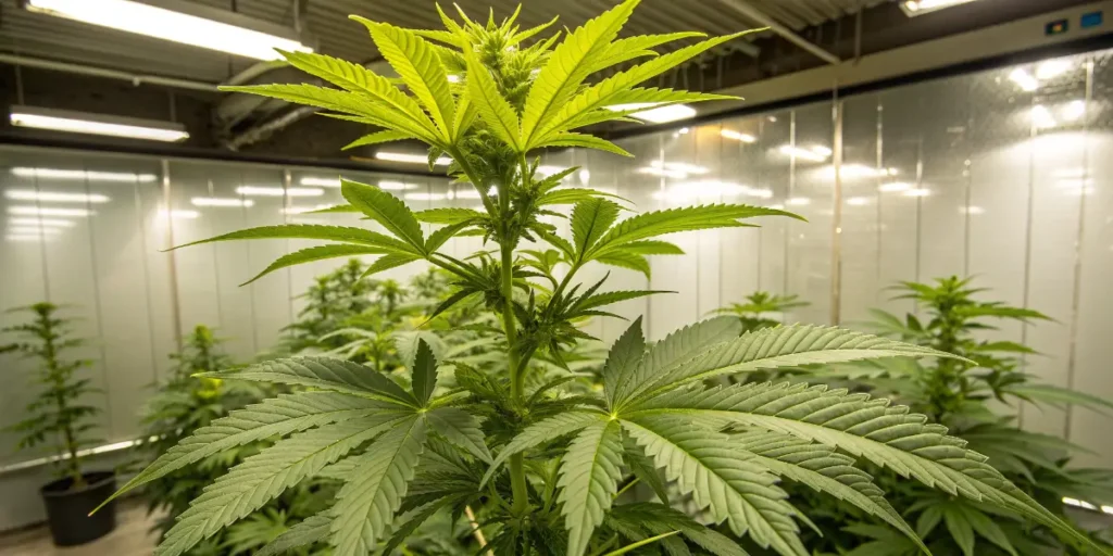 Cannabis flower stage plant thriving in a clean indoor grow facility.