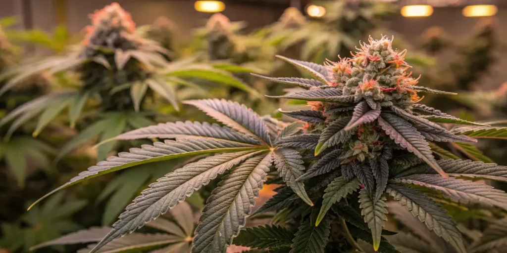 Cannabis plants in the flowering stage growing indoors with visible buds and broad fan leaves