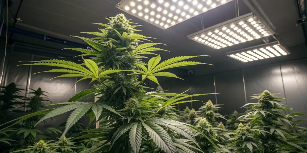 Cannabis flowering room with multiple plants under LED grow lights
