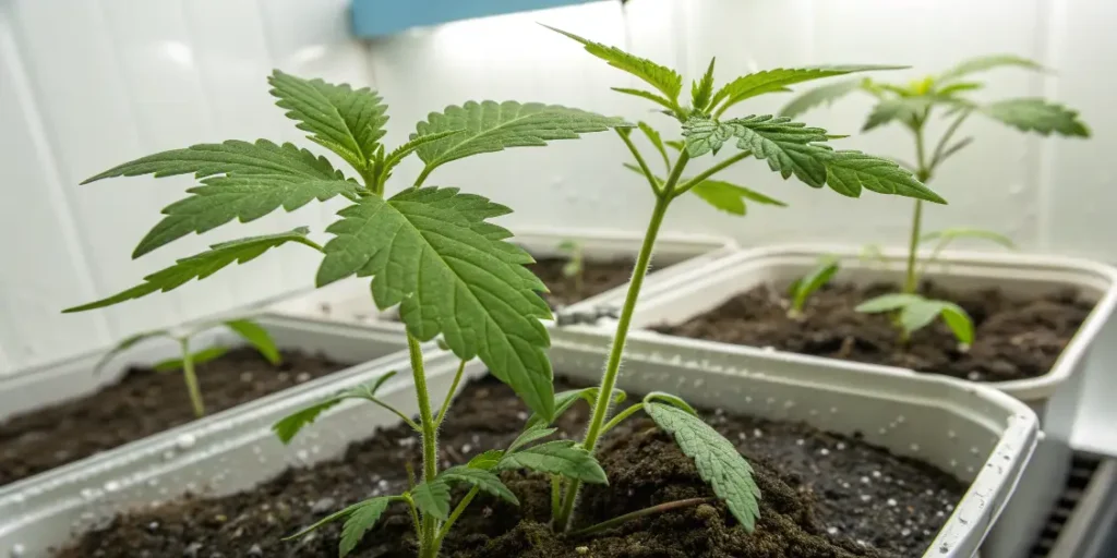 Cannabis seedlings growing in soil under indoor conditions