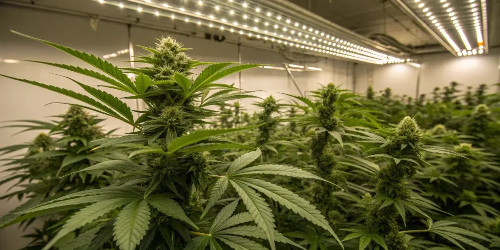 Cannabis plants in the flowering stage growing indoors under LED lights with visible bud development