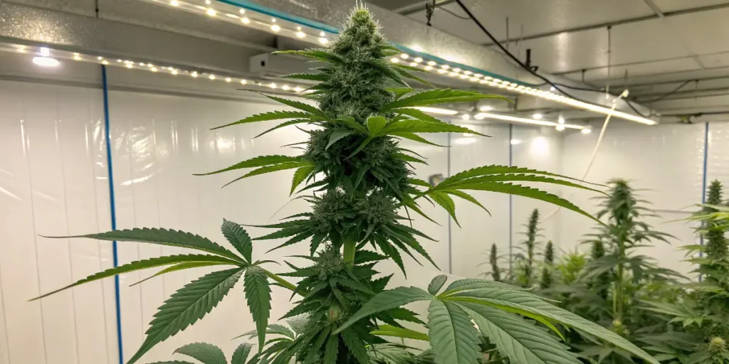 Indoor cannabis plant in the flowering stage growing under LED lights in a controlled environment.