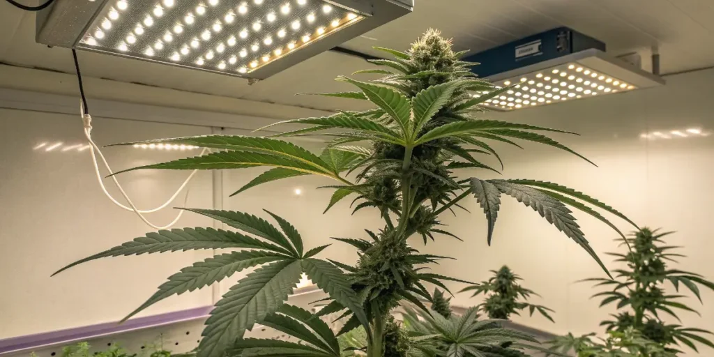 Indoor cannabis plant in flowering stage growing under LED lights