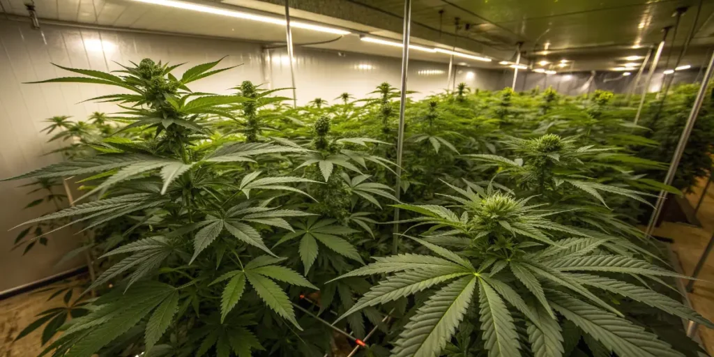 Indoor cannabis grow room filled with healthy plants under controlled lighting and ventilation systems