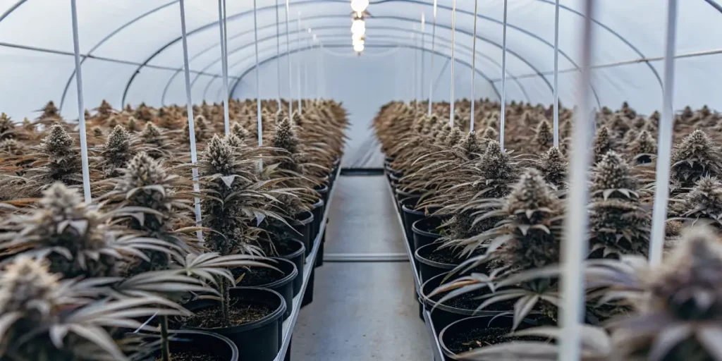 Indoor cannabis grow room with rows of potted cannabis plants.