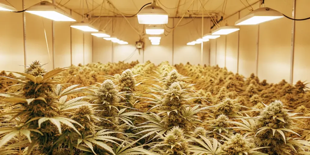 Indoor cannabis grow room filled with mature plants under yellow lights