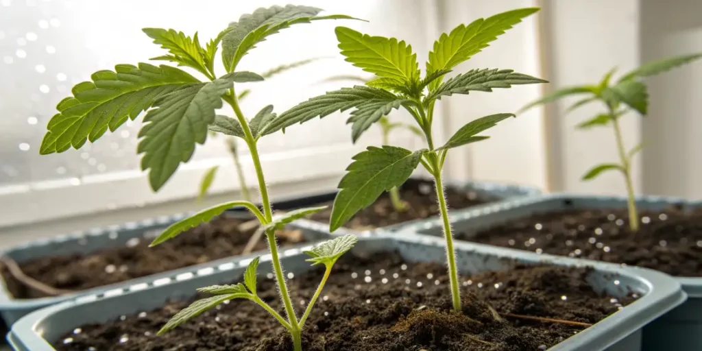 Indoor cannabis plant during early flowering stage under grow lights
