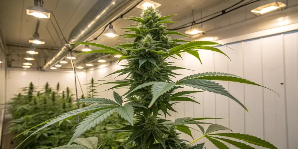 Mature cannabis plant flowering indoors in a climate-controlled grow room with overhead lighting.