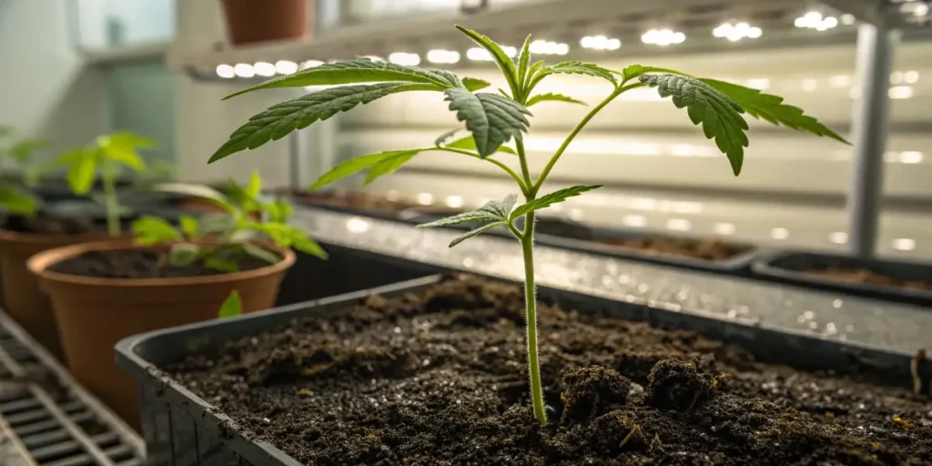 Healthy green leaves reaching toward LED panels, reflecting this plant vigor.
