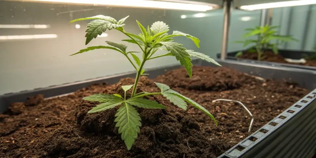 Young cannabis seedling growing in soil under indoor lights with early leaf development