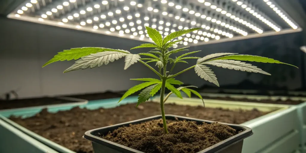 Cannabis seedling growing in soil under LED grow lights