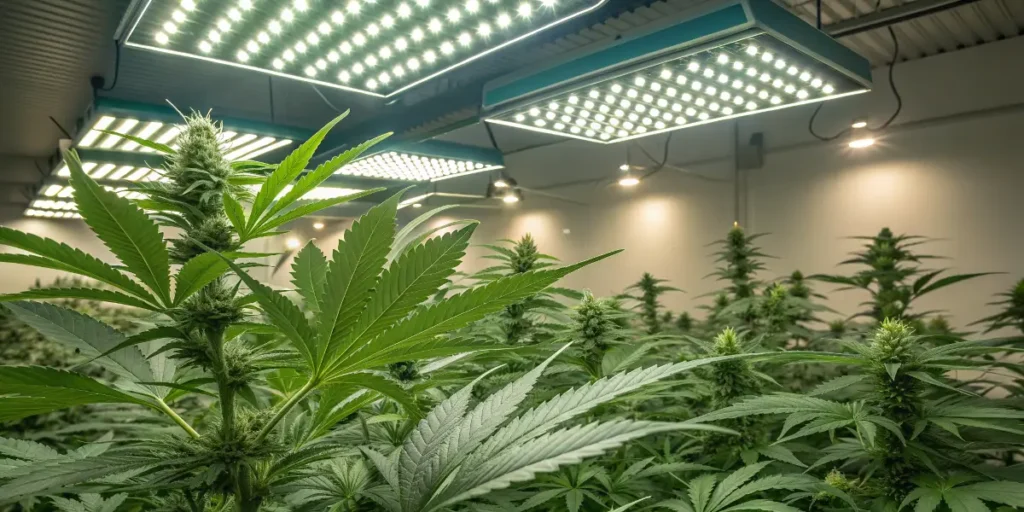 young cannabis seedling growing under LED lights in pots.