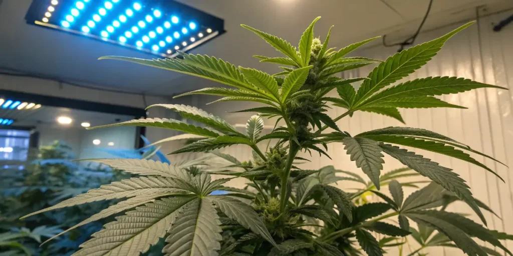 Fast-blooming strain beginning early flowering under intense blue LED panels.