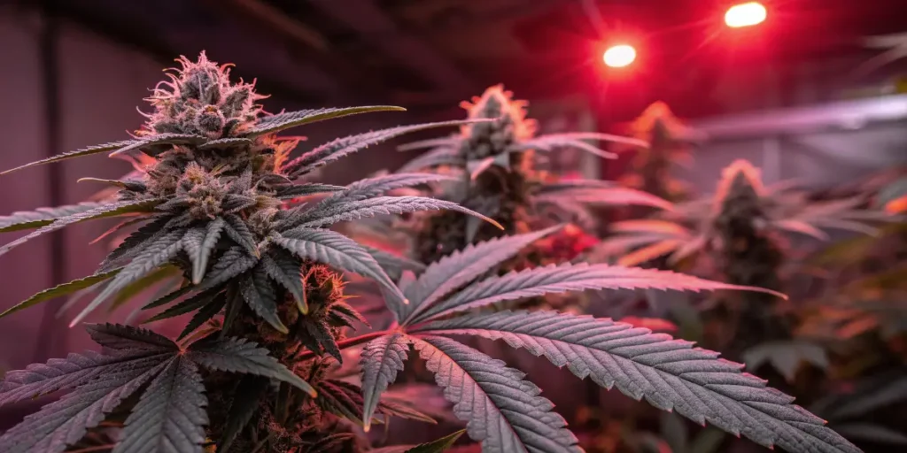 Cannabis strain producing multiple large buds beneath bright red LED lamps.