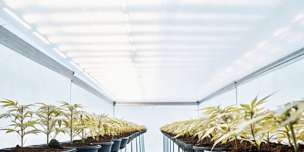 Wide view of an indoor grow tent with rows of young cannabis plants in pots under bright lighting.