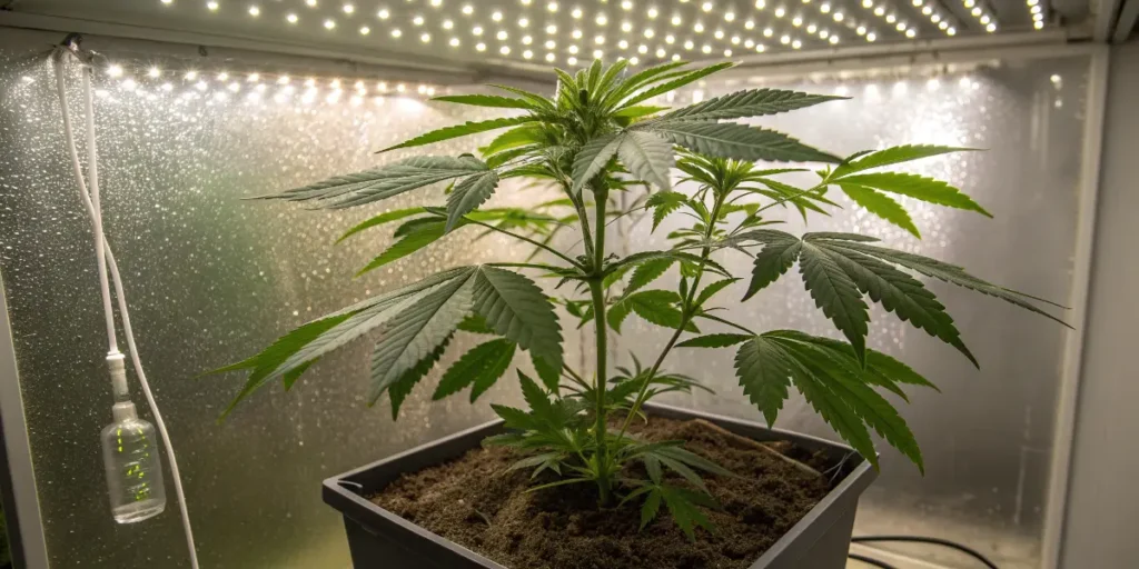 Cannabis plant developing strong foliage beneath bright white LED panels.