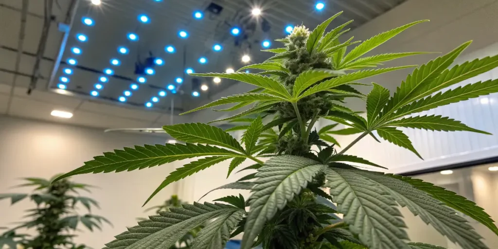Fast-blooming strain growing under bright blue LED lights with vigorous leaf development.