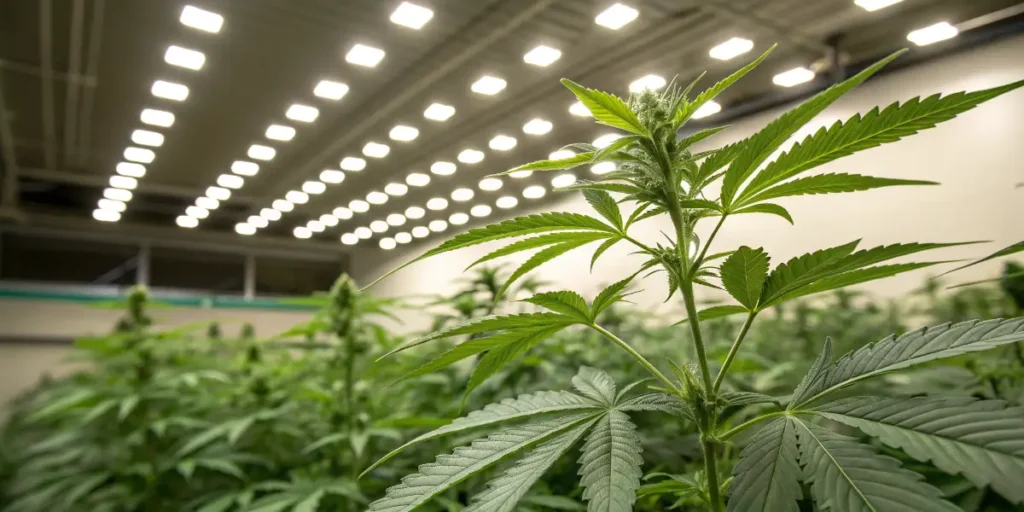Close-up of a Kyle’s Sweet Island cannabis plant in its early flowering stage under bright LED grow lights.