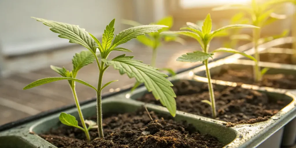 Young Kyle’s Sweet Island cannabis seedlings sprouting in a germination tray with sunlight coming through a window.