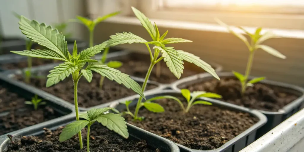 Small Kyle’s Sweet Island cannabis plants growing in starter pots near a sunny window.