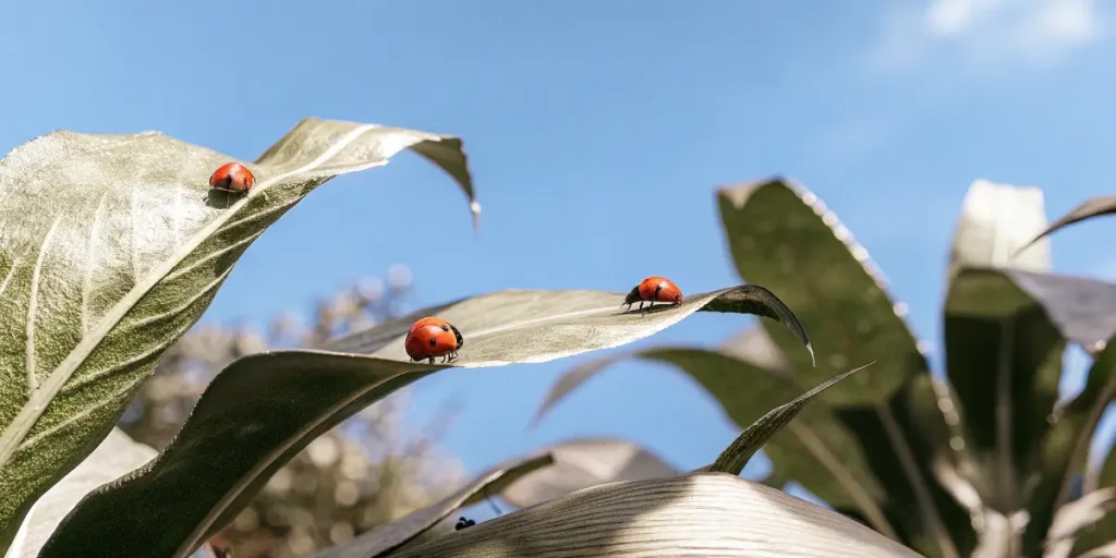 Ladybugs on plant leaves under blue sky in garden.