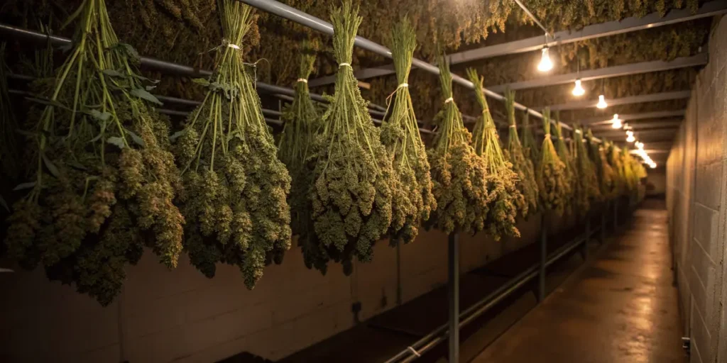 Bundles of Lambs Bread cannabis branches hanging upside down in a professional drying room under warm lighting.