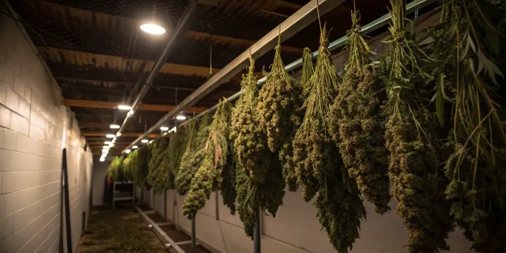 Freshly harvested Lambs Bread cannabis hanging in rows inside a commercial drying facility.