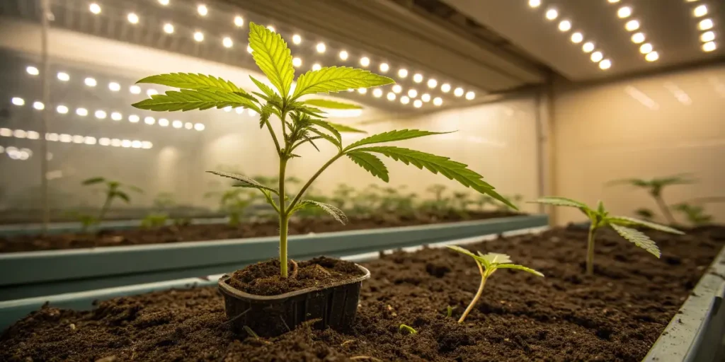 Young Lambs Bread cannabis seedling growing in a small pot under bright indoor grow lights.