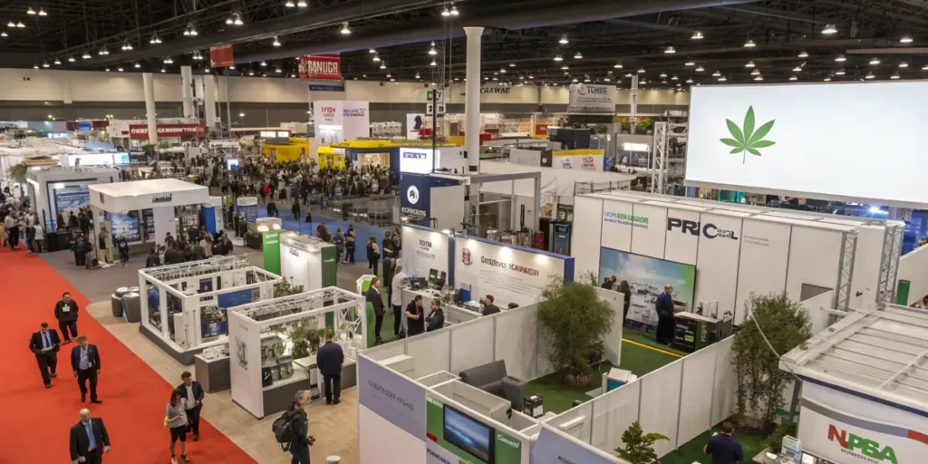 A large U.S. cannabis convention with dozens of industry booths and thousands of attendees.