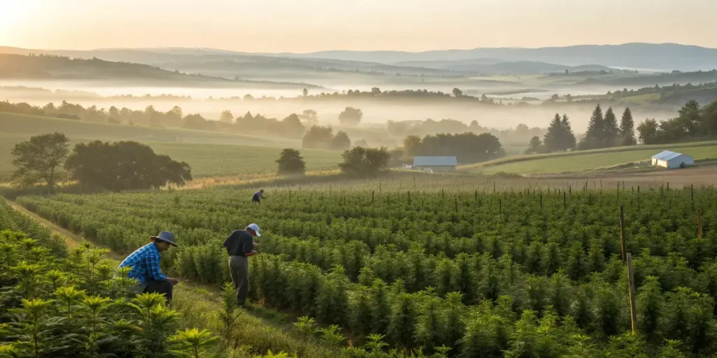 Farmers tending cannabis fields at sunrise showing how Legal Cannabis is Transforming the World in agriculture.