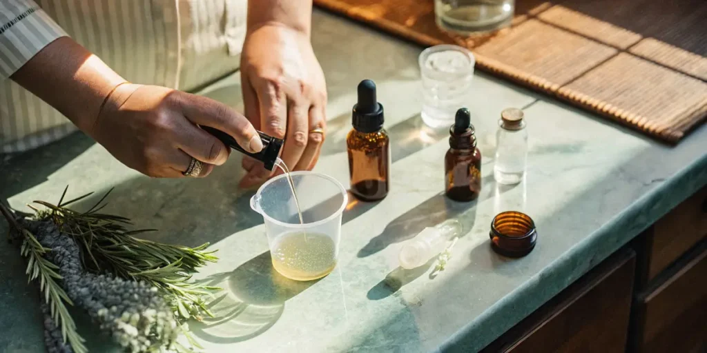 Person preparing cannabis essential oil with dropper bottles and herbs on a kitchen counter.