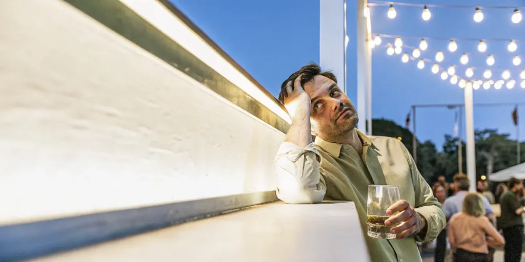Man drinking alone at party leaning on wall with thoughtful expression