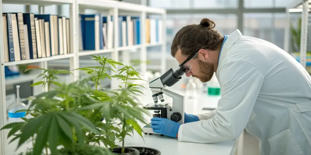 Researcher analyzing cannabis plants to explore Marijuana and Cancer treatment possibilities.