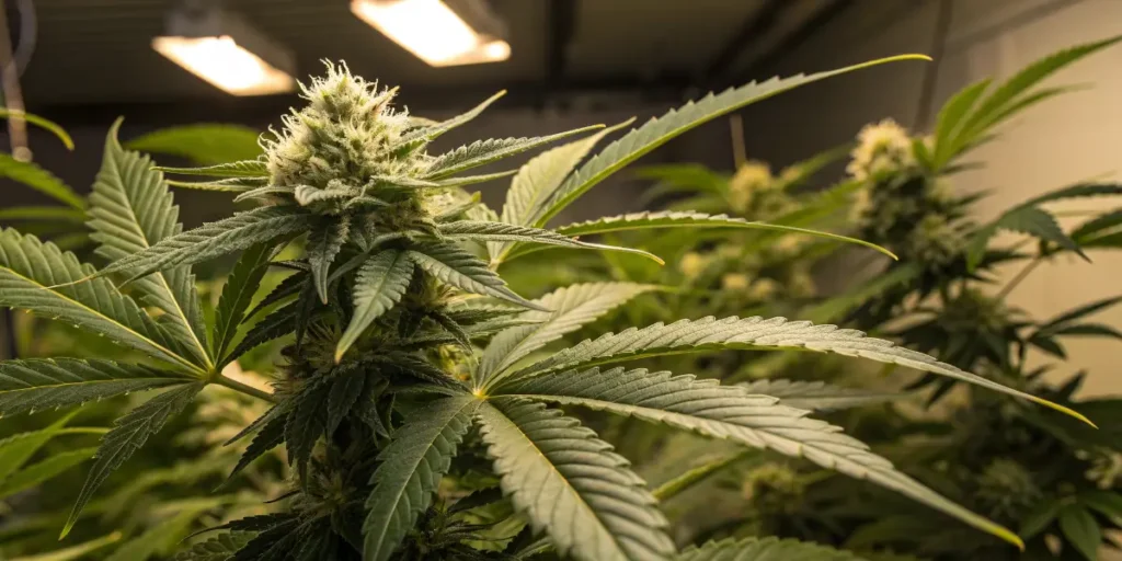 Mature cannabis bud coated in trichomes inside a well-lit indoor grow room.