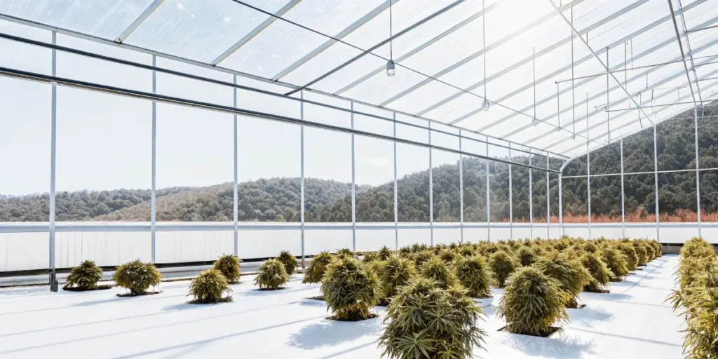 modern greenhouse filled with rows of cannabis plants under controlled natural light