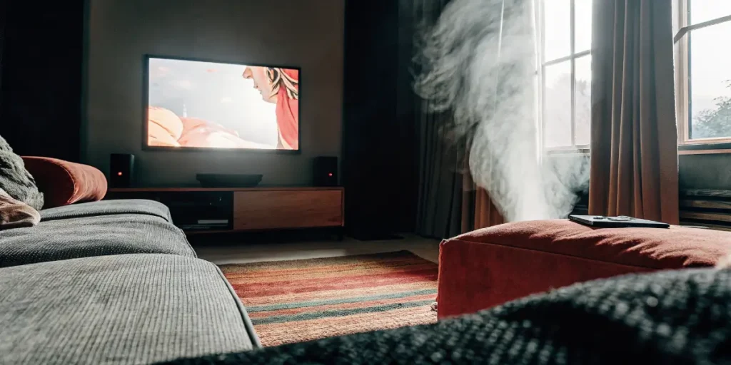 Modern living room with wall-mounted TV and streaming setup