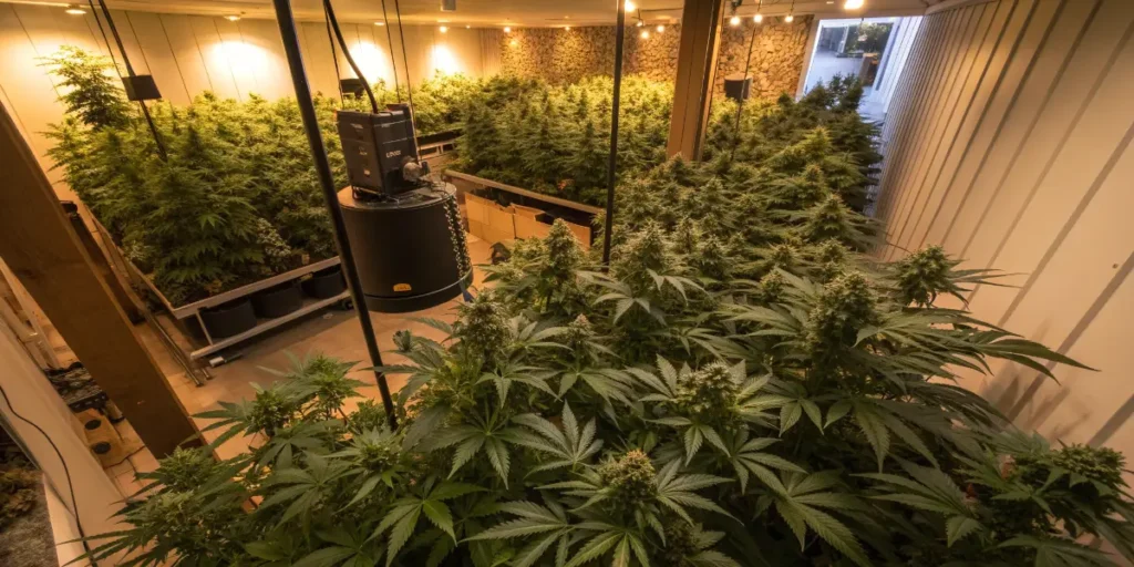 Greenhouse cannabis cultivation with audio equipment supporting Music Stimulate Your Cannabis Plants research.