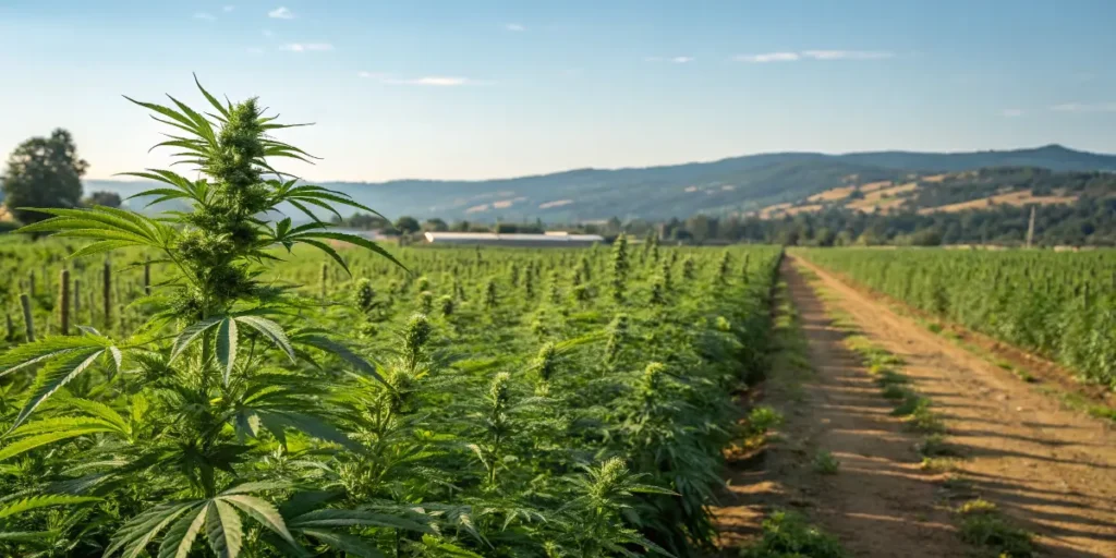 Outdoor cannabis farm with tall flowering plants spread across rolling hills.