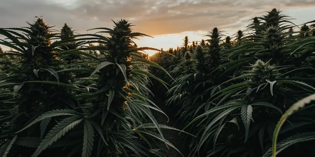 Outdoor cannabis field at sunset with tall flowering plants