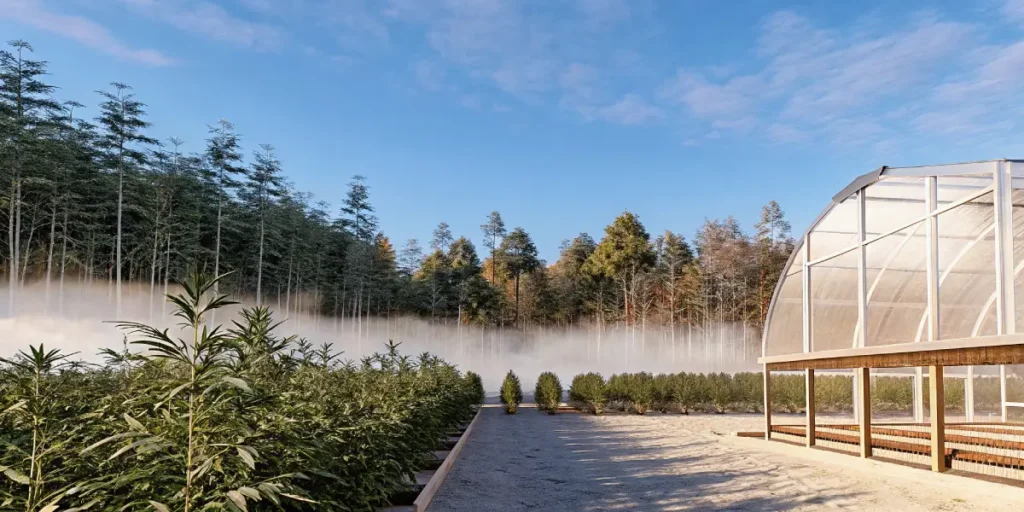 large outdoor cannabis greenhouse surrounded by forest trees and morning mist