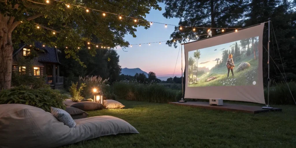 Cozy outdoor movie setup at sunset with string lights and a projector screen
