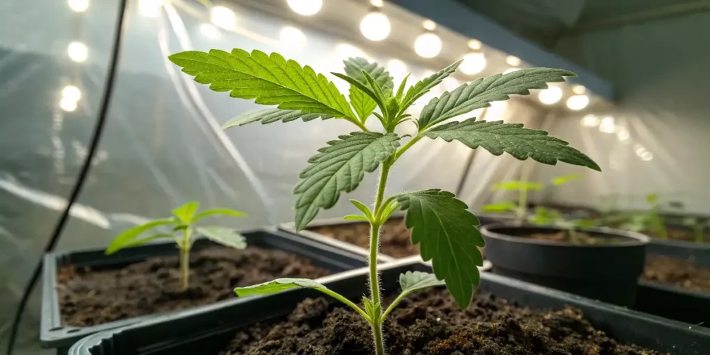 Young plant seedling growing in a small container under bright grow lights.