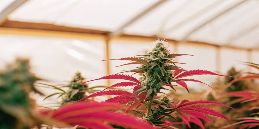 Cannabis plant with red leaves and dense bud growing in a greenhouse.