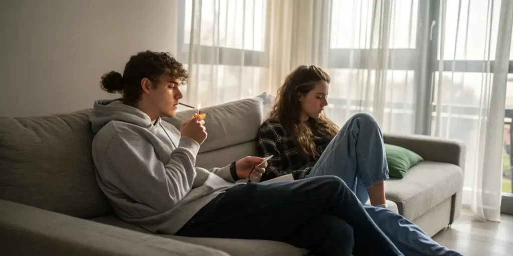 Couple sitting apart on a couch illustrating how Smoking Weed Affect Relationships and communication.