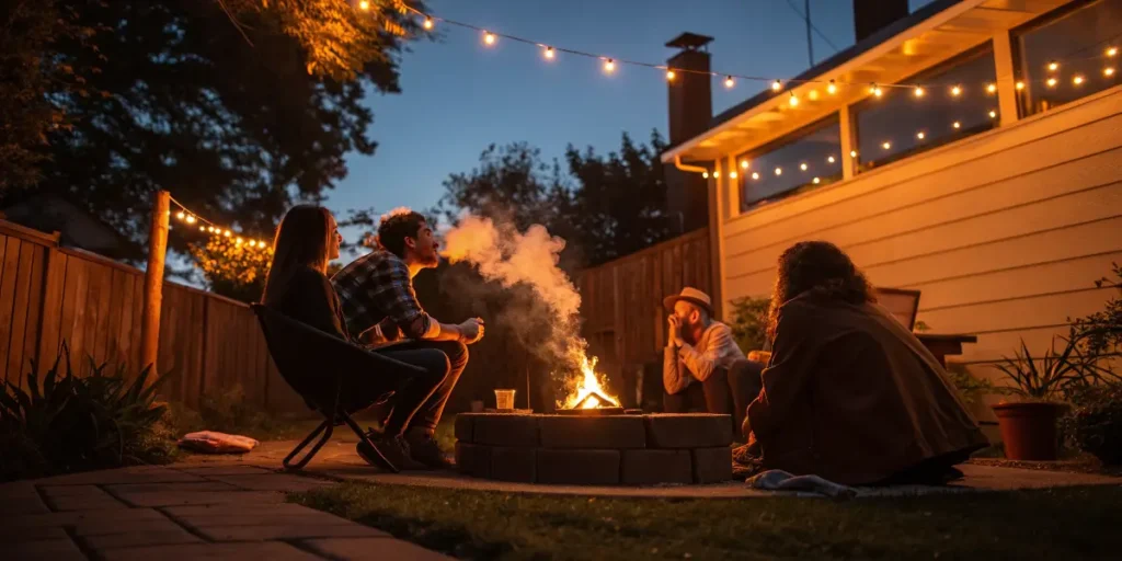 Friends by a backyard firepit discussing how Smoking Weed Affect Relationships during a relaxed evening.